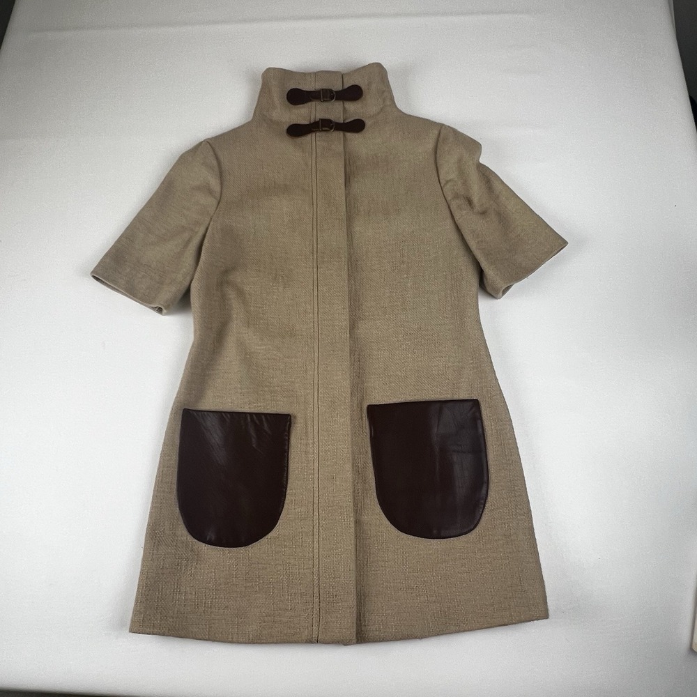 Gray Aspen Tan Wool Blend Funnel Neck Short Sleeve Coat Leather Pockets Size 6